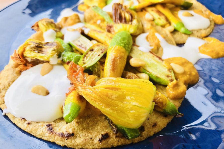 Baby Squash and Blossoms Tacos with Aji Amarillo Salsa