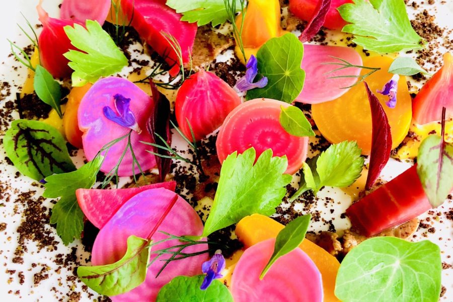 Chioggia and Golden Beets Salad with Pistachio-Cardamom Dirt, Almond Butter and Garden Shoots